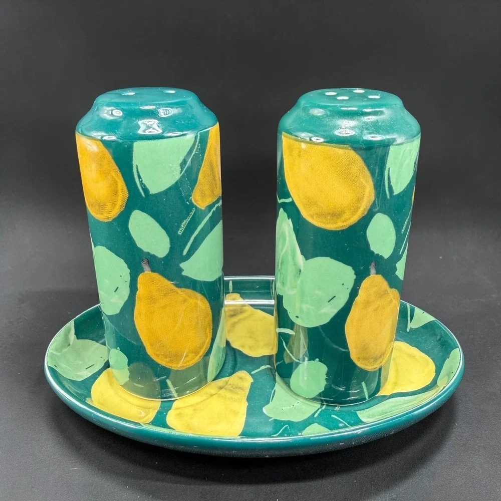 Anthropologie Pear Salt and Pepper Shakers with Tray Teal Green Yellow‎ Ceramic